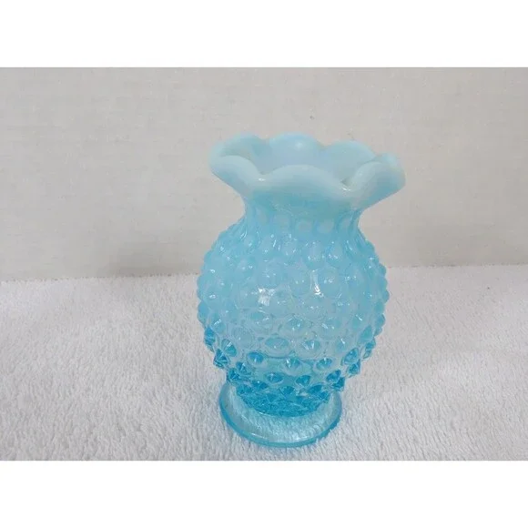 Fenton Vase Hobnail Aqua Blue Opalescent Glass Bud Small 3.5” Ruffle Edge Set 2 - Picture 5 of 16